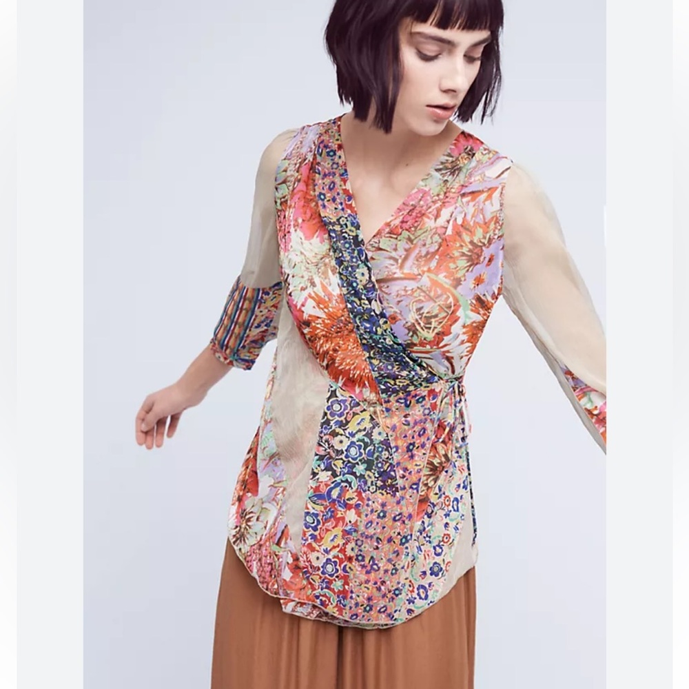 Anthropologie TINY Taupo Wrap Blouse Boho Metallic Thread Floral Sheer
